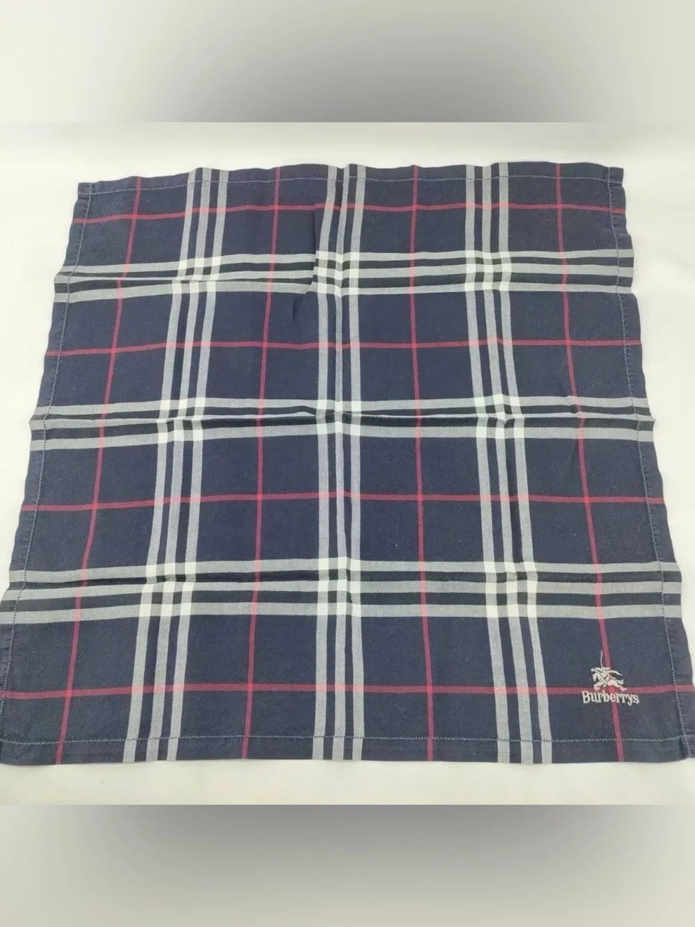 Burberry Vintage Navy Scarf with White Logo and Red Windowpane